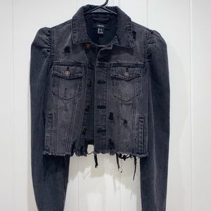 Forever 21 Black Cropped Distressed Puff
Shoulder Jacket.